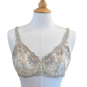 Lunaire Beige Blue Lace Sheer Underwire Bra, Size 34D